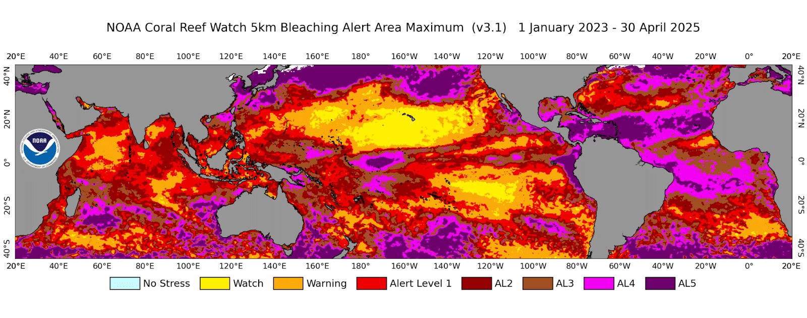 Heat stress map NOAA coral reef bleaching, 84% of coral reefs experienced bleaching-level heat stress