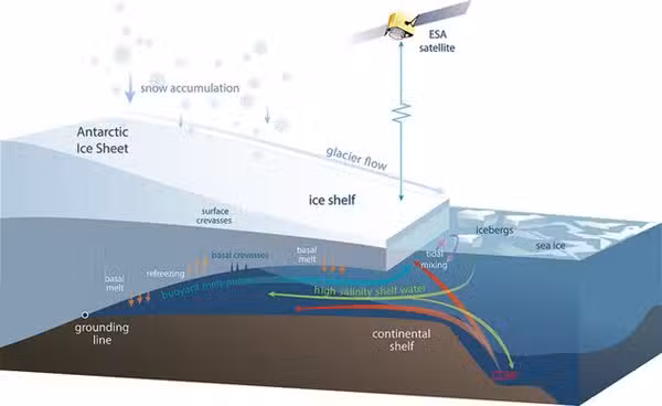 Ice sheet melting in Antarctica. Most ice loss in Antarctic is a result of ocean water melting ice sheets from below.