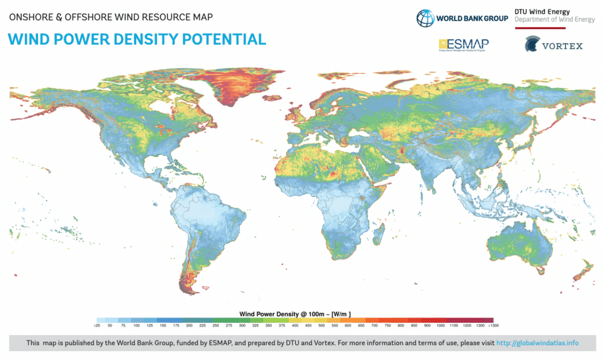 A world map of wind power density. The highest densities are found closest to the poles, along coastlines in North America, Northern Europe, and South America.