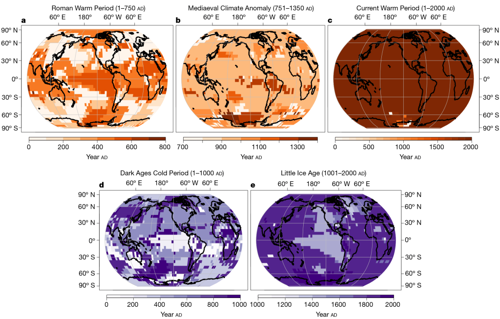 figure from study: maps showing timing of peaks of warm or cool periods for each location in the past with color scale
