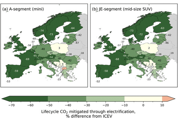 A map showing the percent of lifecycle CO2 emissions can be saved by electrifying a vehicle in a particular European country.