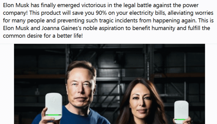 A likely AI-generated image of Elon Musk and Joanna Gaines purportedly advertising a device that can save power.