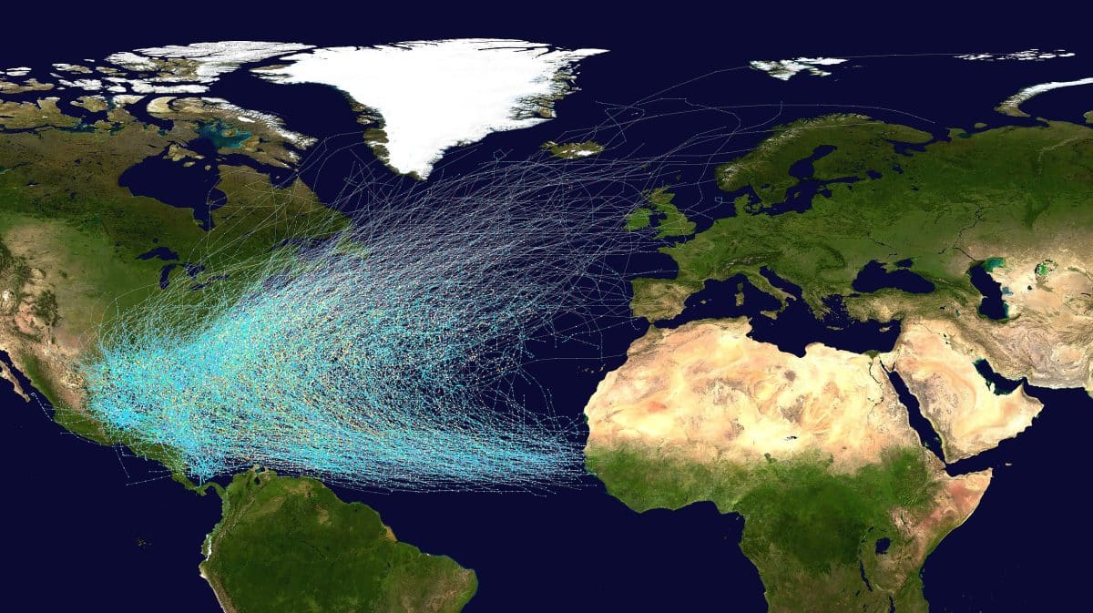 Historic hurricane paths in the North Atlantic.