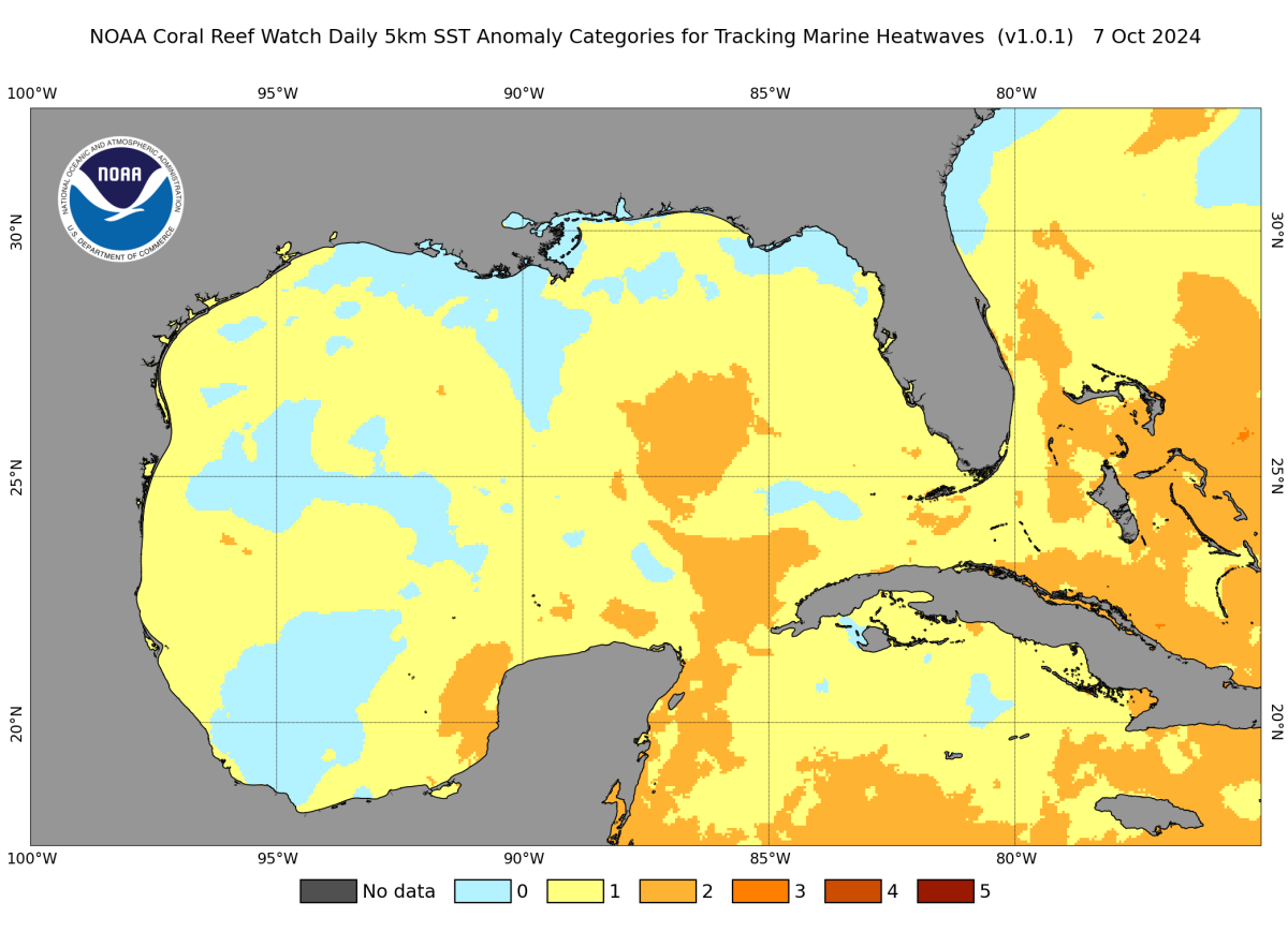 Map of marine heatwave conditions in the Gulf of Mexico on 7 October 2024