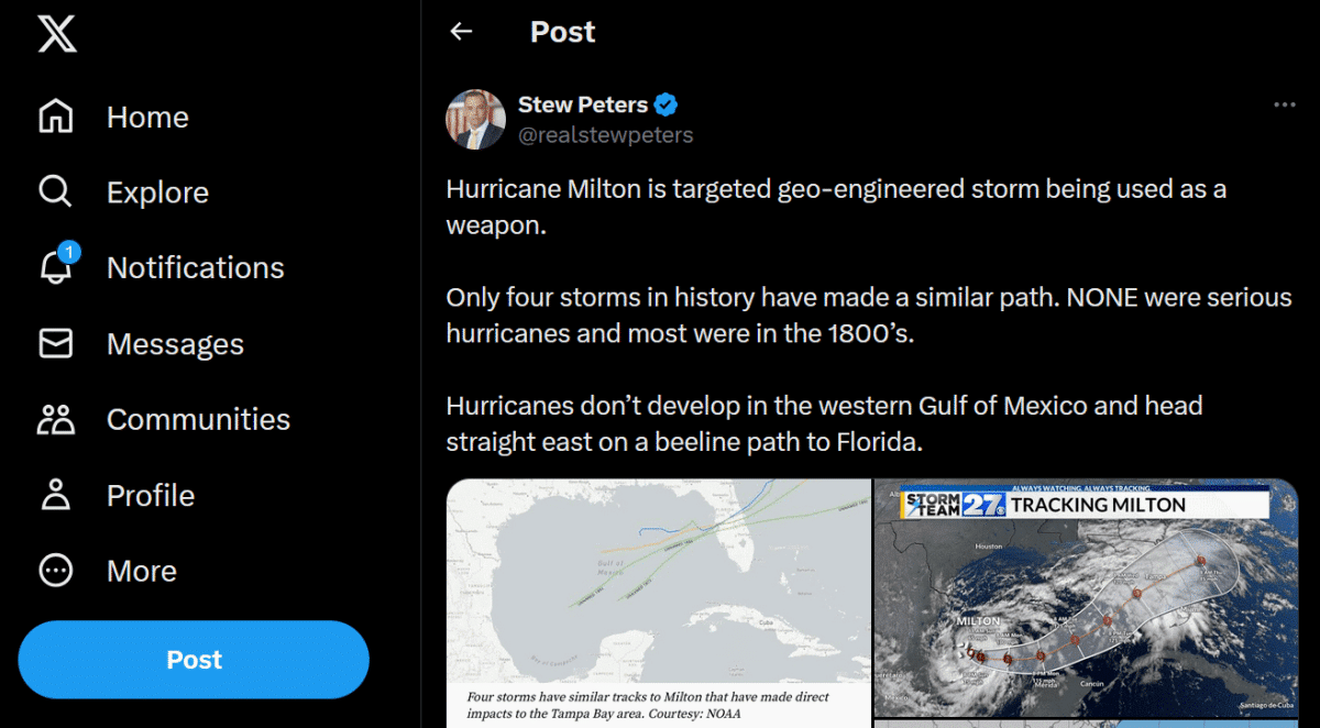 Et skjermbilde av en tweet laget av Stew Peters om orkanen Milton.