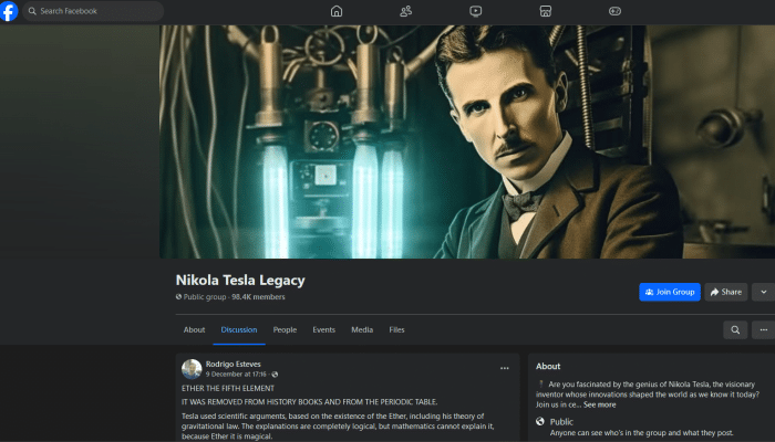 An image of a Facebook group post filled with falsehoods about ether and Nikola Tesla.