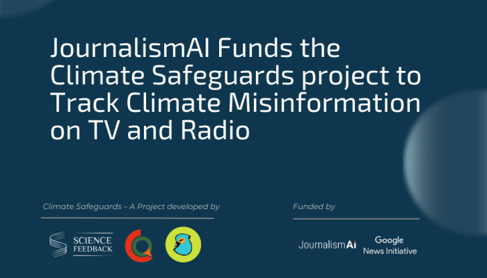 cover image of the press release: Science Feedback, QuotaClimat, and Data for Good Launch Climate Safeguard, an AI Tool to Detect Climate Misinformation on TV and Radio