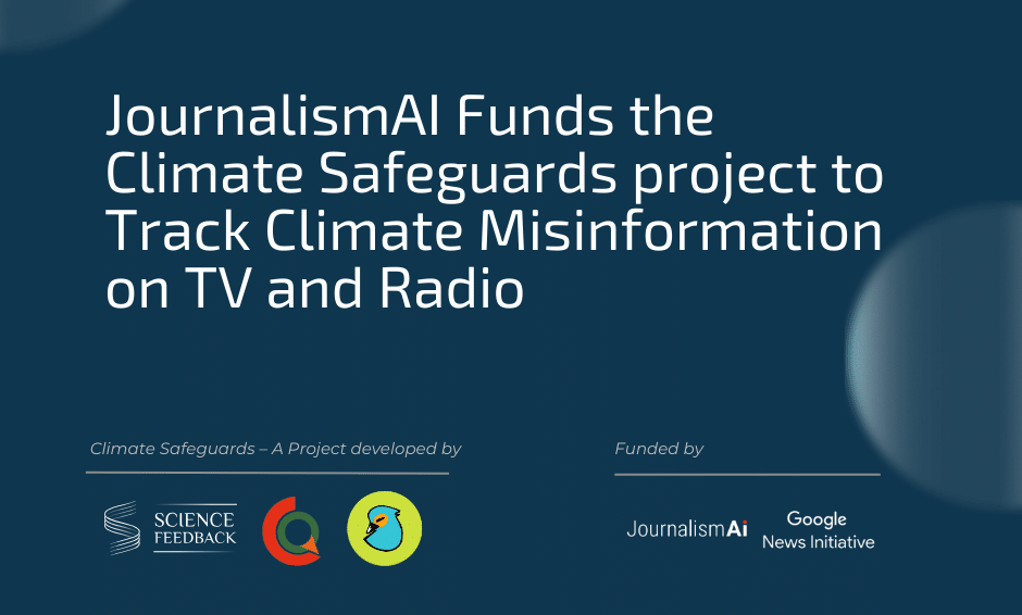 cover image of the press release: Science Feedback, QuotaClimat, and Data for Good Launch Climate Safeguard, an AI Tool to Detect Climate Misinformation on TV and Radio