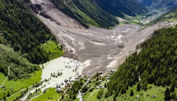 Blatten after glacier collapse in Switzerland following rock avalanche from Kleines Nesthorn.