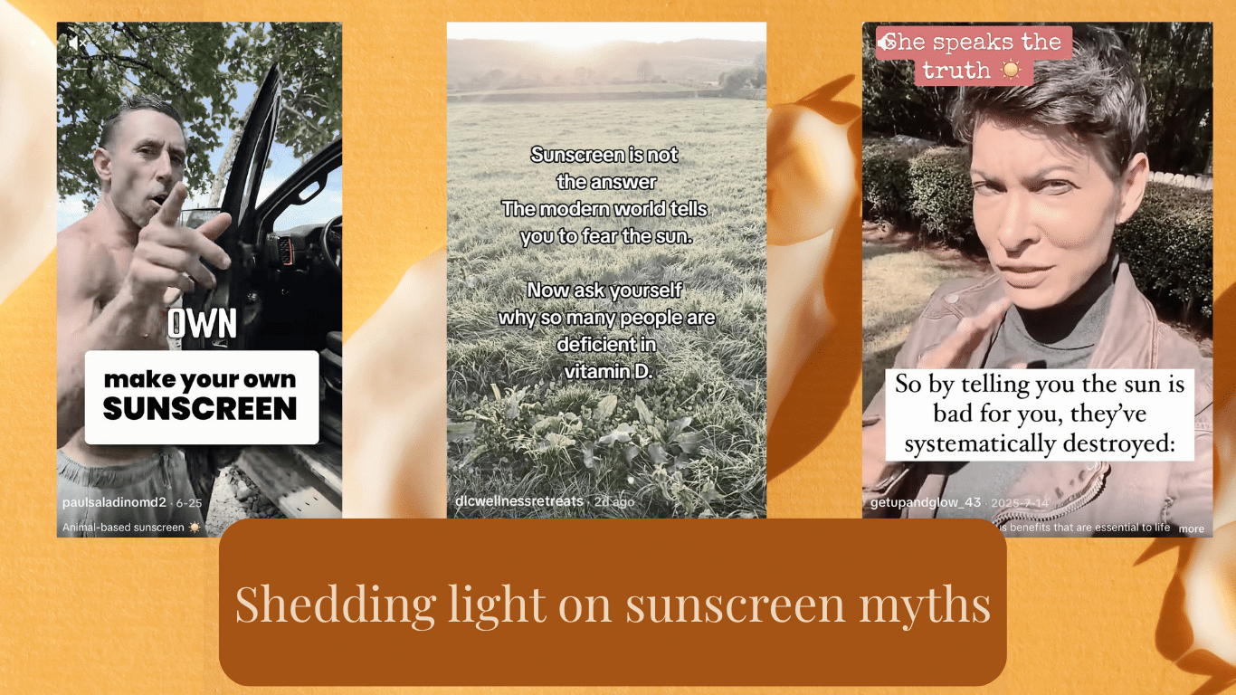Screenshots of social media posts containing sunscreen misinformation.