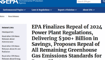 A screenshot of the EPA website, from a page displaying the EPA's proposed repeal of regulations on GHGs from power plants.